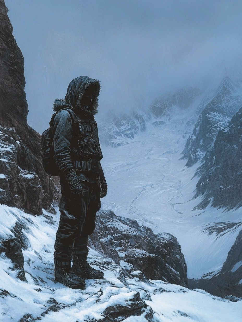 a man in snow clothes stands over a frozen landscape