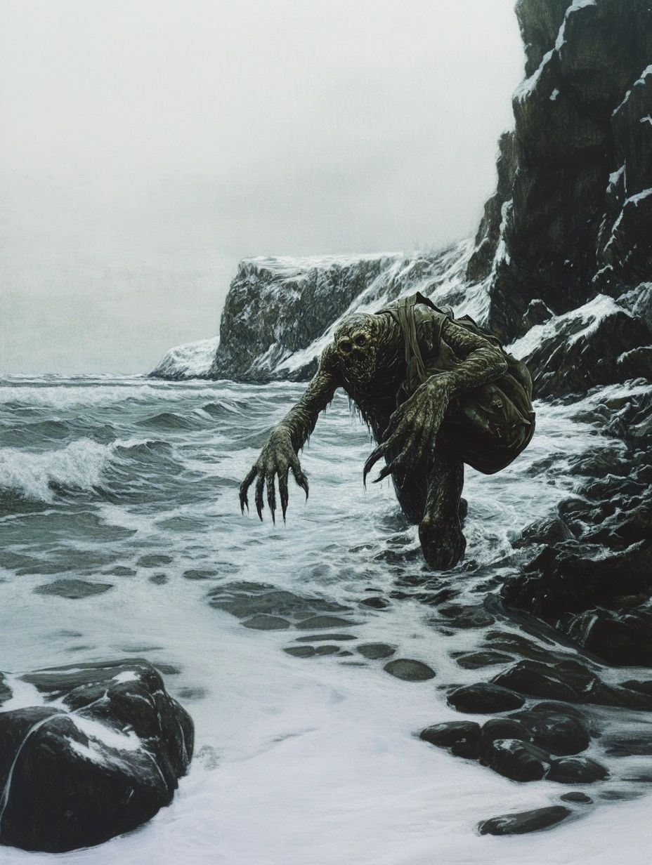 monstrous creature long webbed fingers wearing backpack walks the water's edge, qualupalik legend greenland