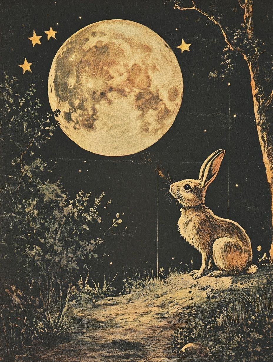 rabbit looking up at full moon