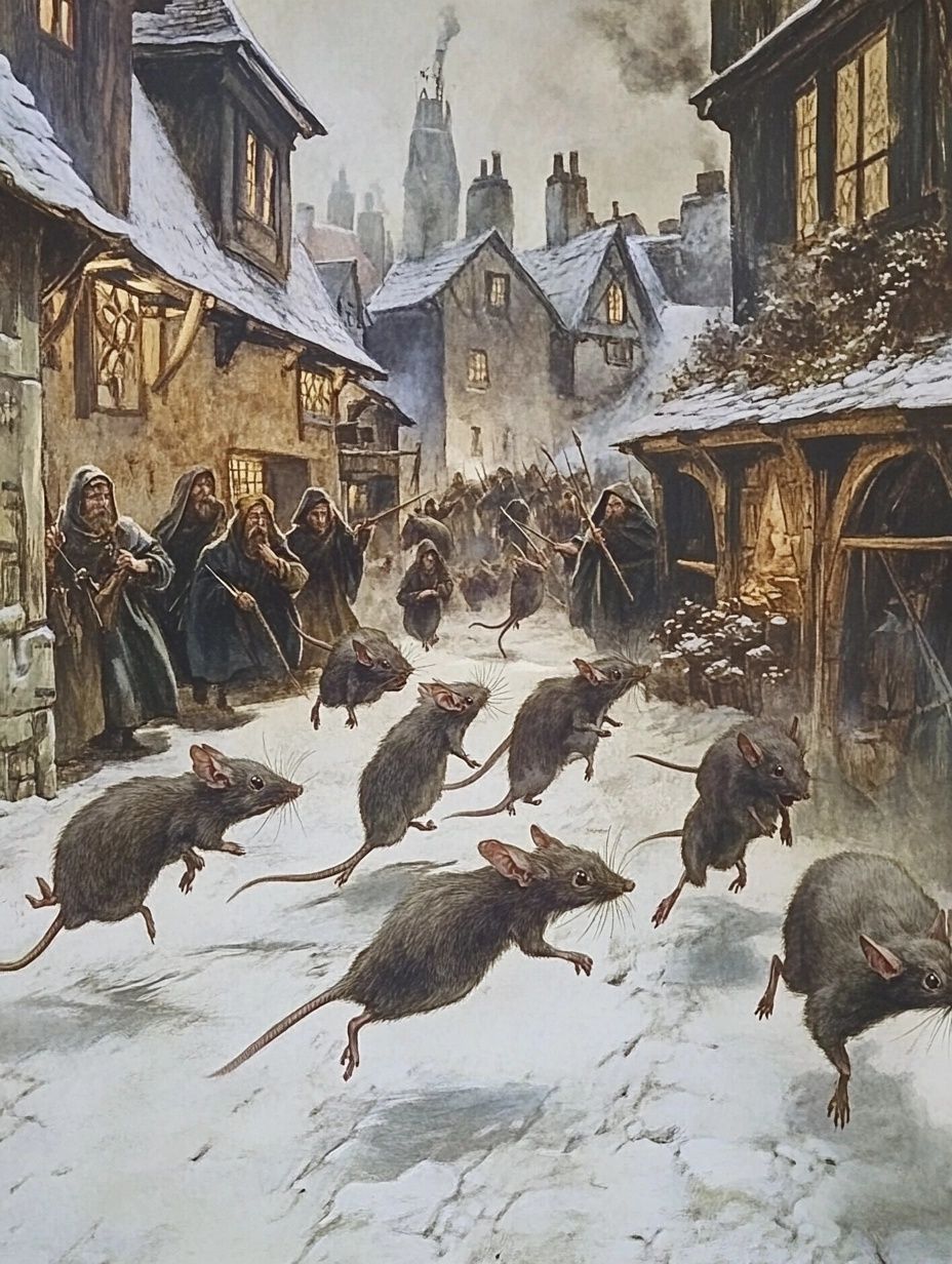 large rats dance in a medieval street
