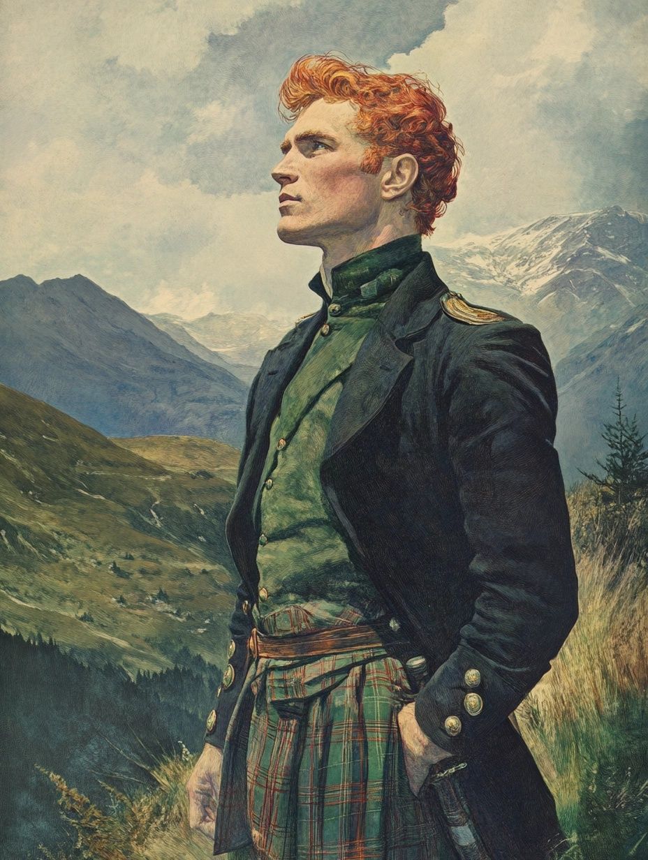 a scotsman with red hair standing in the scottish highlands