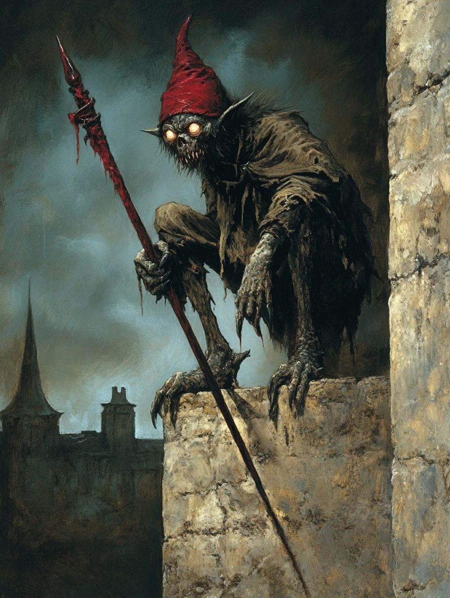 an evil goblin wearing pointed red cap