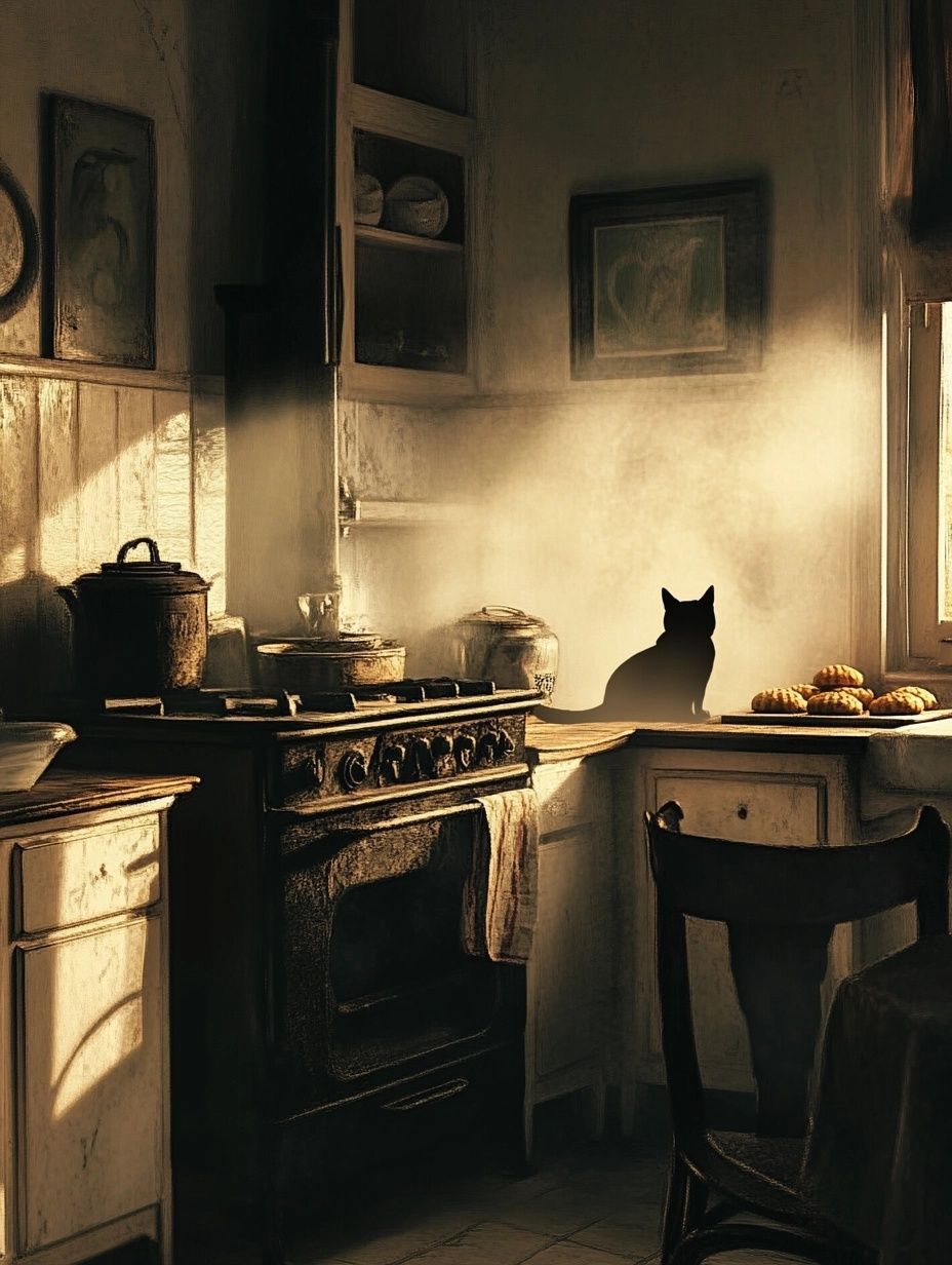 1930s kitchen, black stove, black cat silhouette, freshly baked cakes, wall pictures, pans, crockery, early morning sun