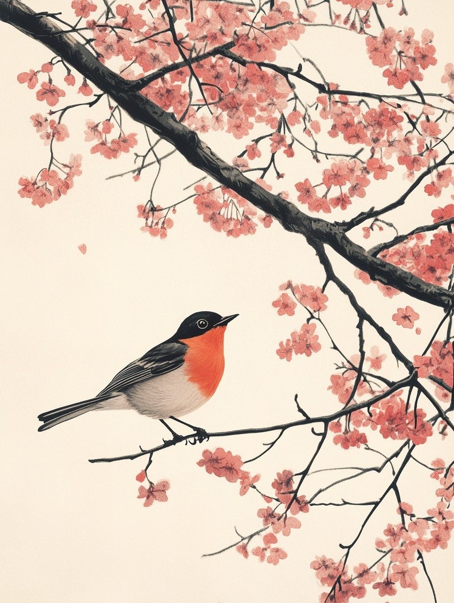 robin perched on branch cherry blossom tree