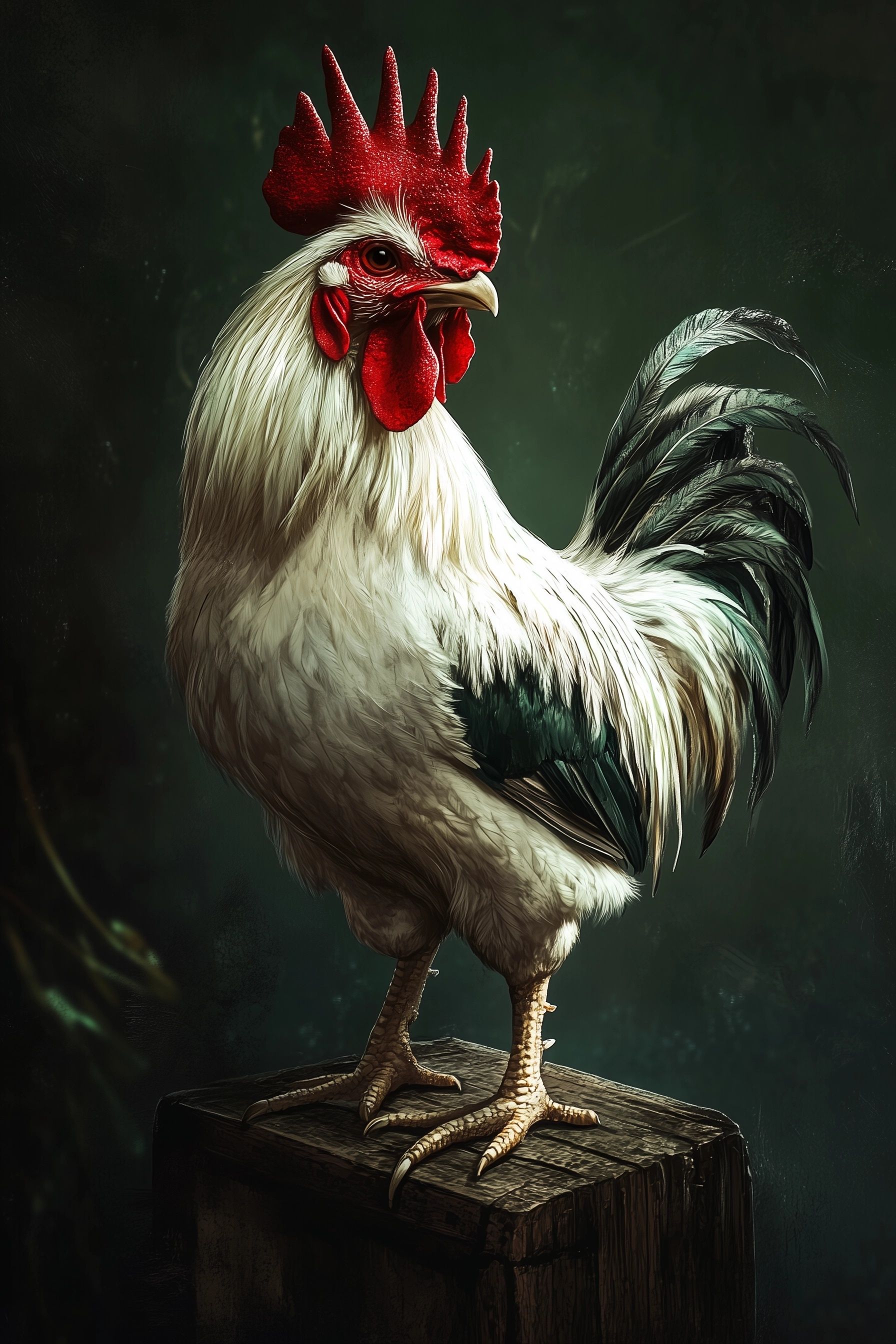 close-up of a rooster with a striking red crest, white wings, perched proudly on a simple wooden platform, dark background, legend rooster of barcelos portugal