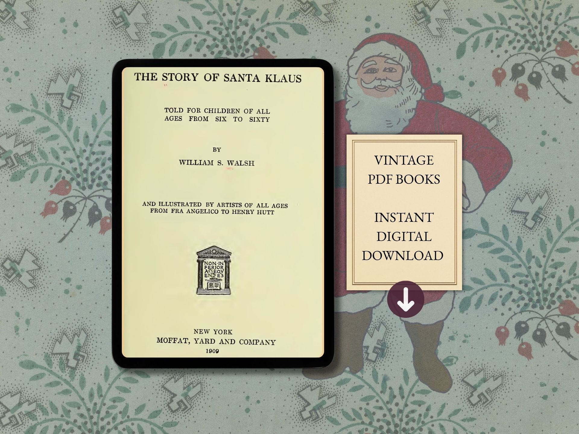 vintage text on tablet, santa and christmas background