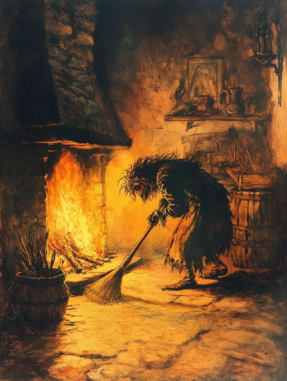 hairy little creature sweeps by fireplace