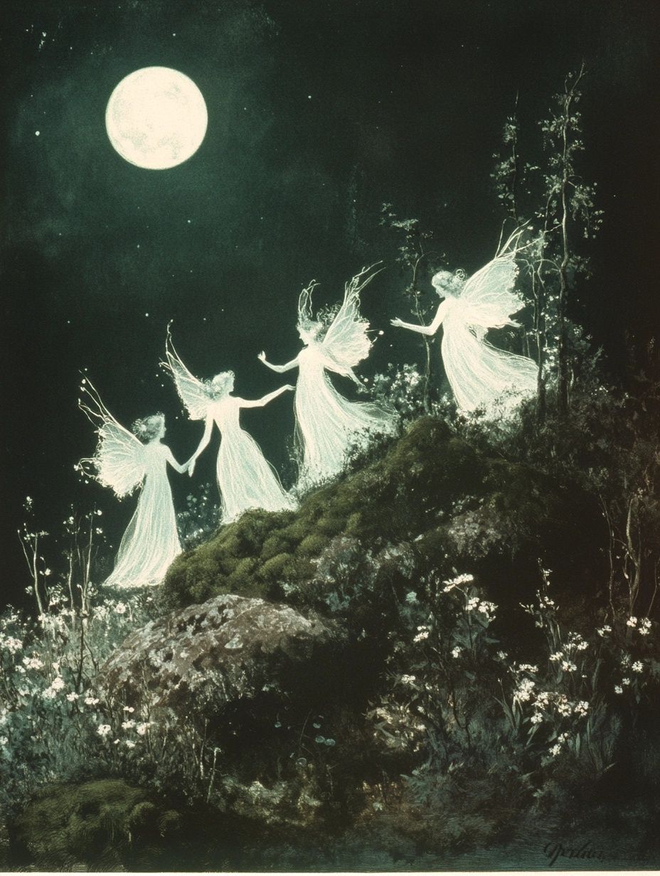 fairies in white dresses, dancign amongst flowers and moss on a hillside