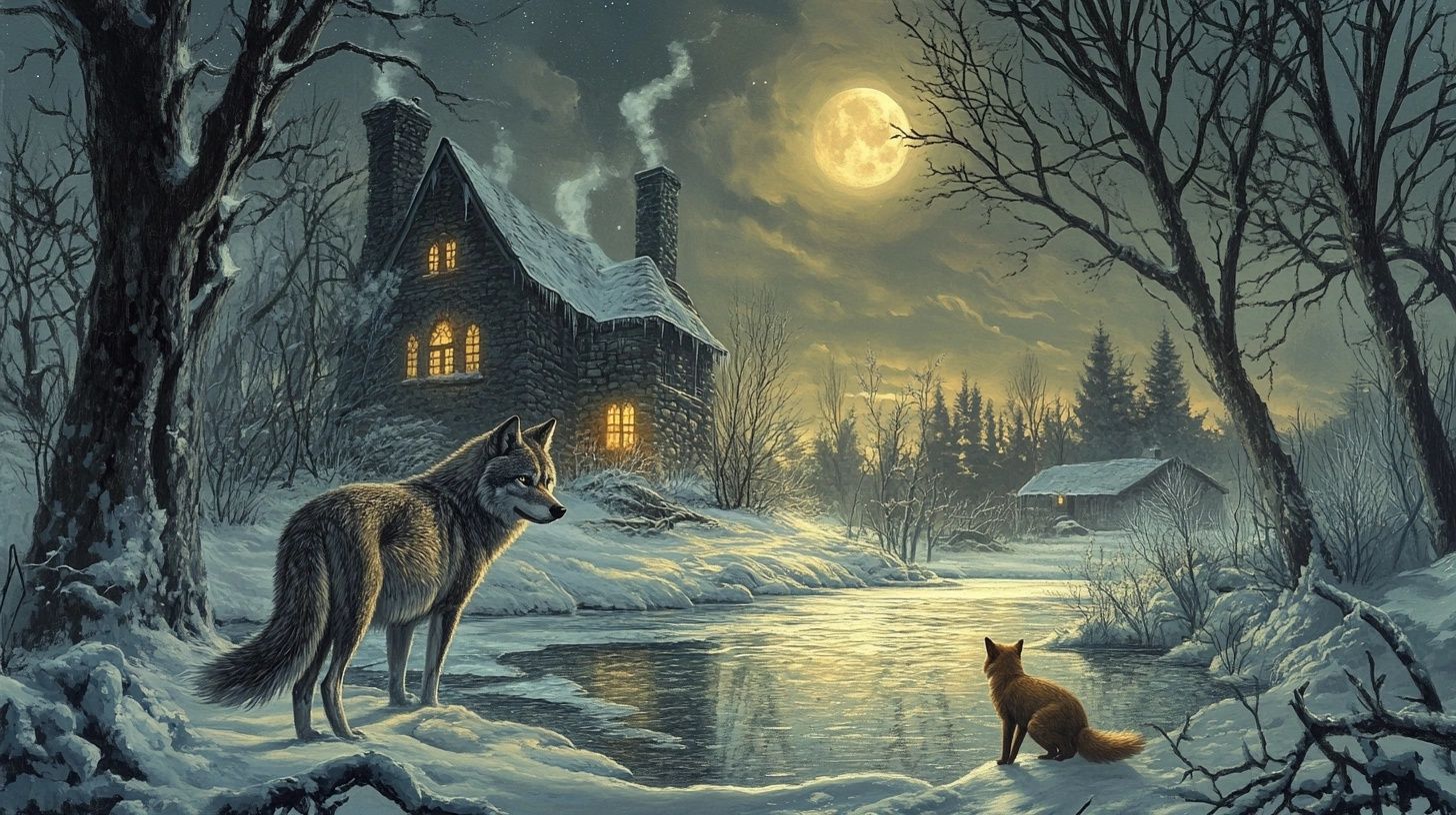wolf and fox by river snowy nighttime scene