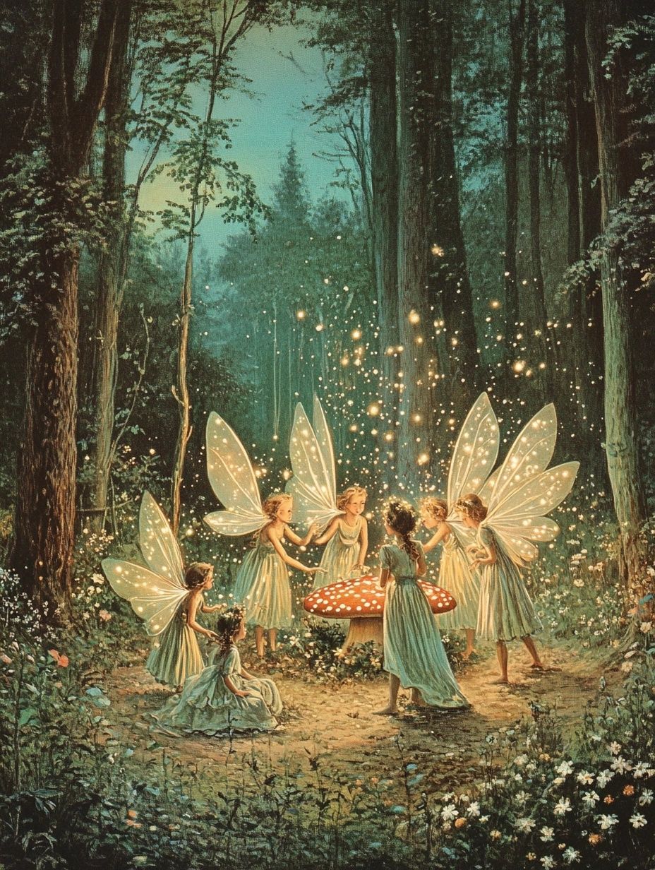 fairies dancing around toadstool in woods, fireflies