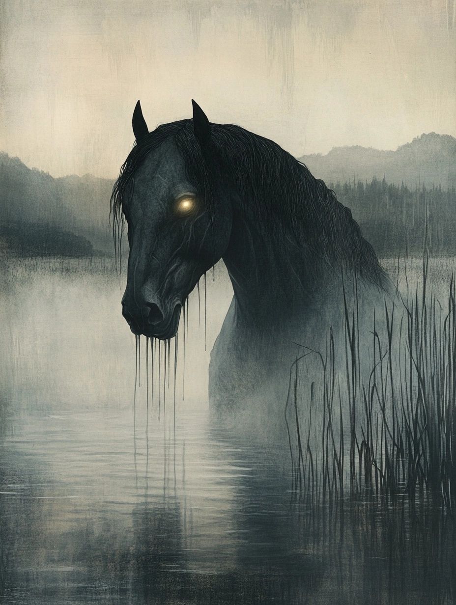 dark, powerful horse, glowing eyes, emerges from the waters of a tranquil loch, water dripping from its mane, kelpie shape shifting horse scottish folklore