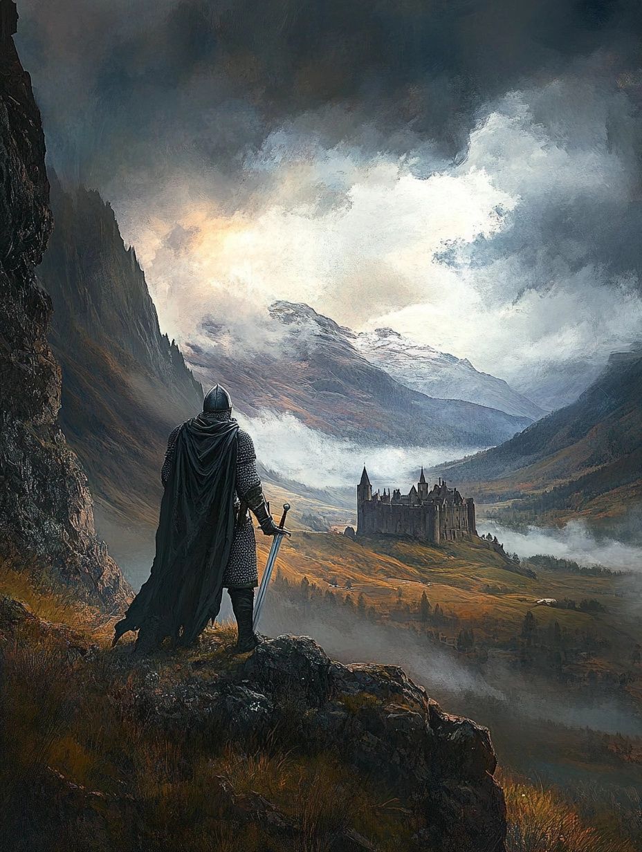 man in armored suit, holding sowrd, looks across mountainous valley toward a large castle
