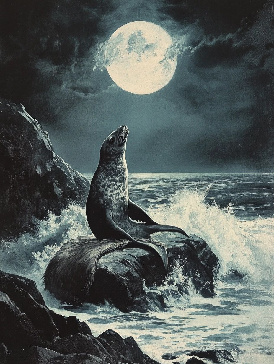 grey seal on rock by the sea, full moon dark sky
