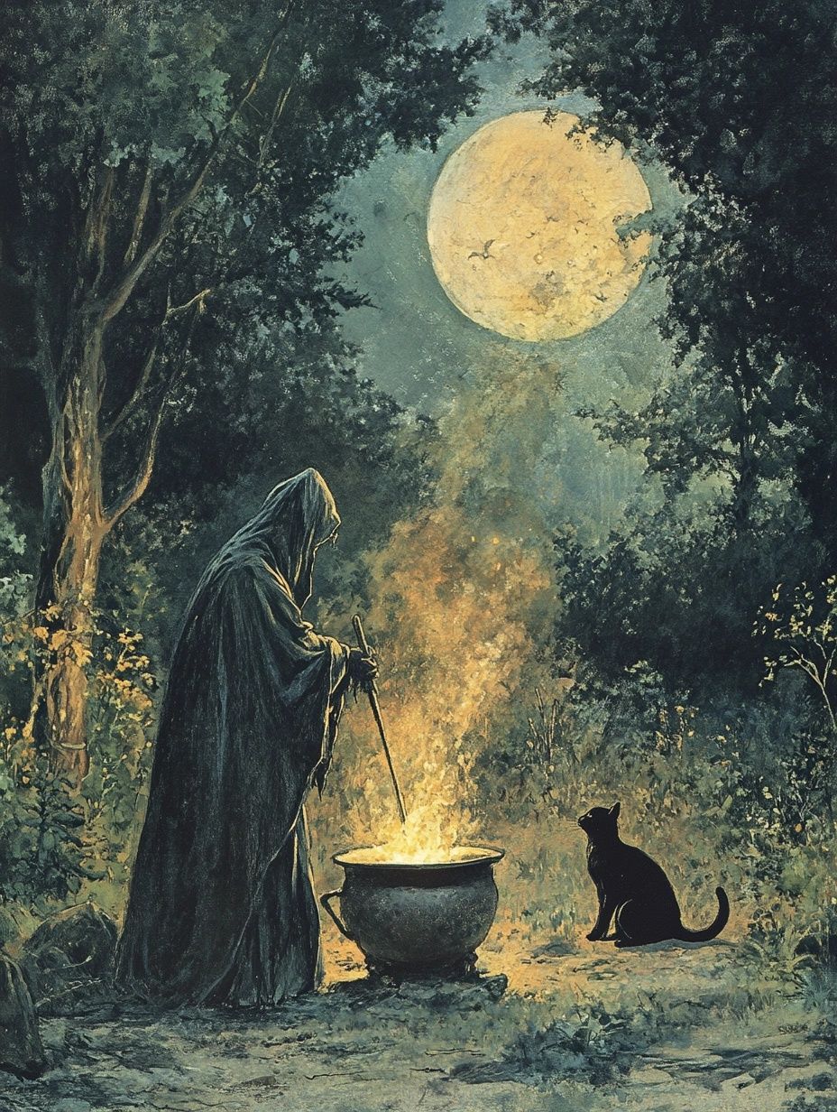 cloaked figure stirs cauldron under full moon