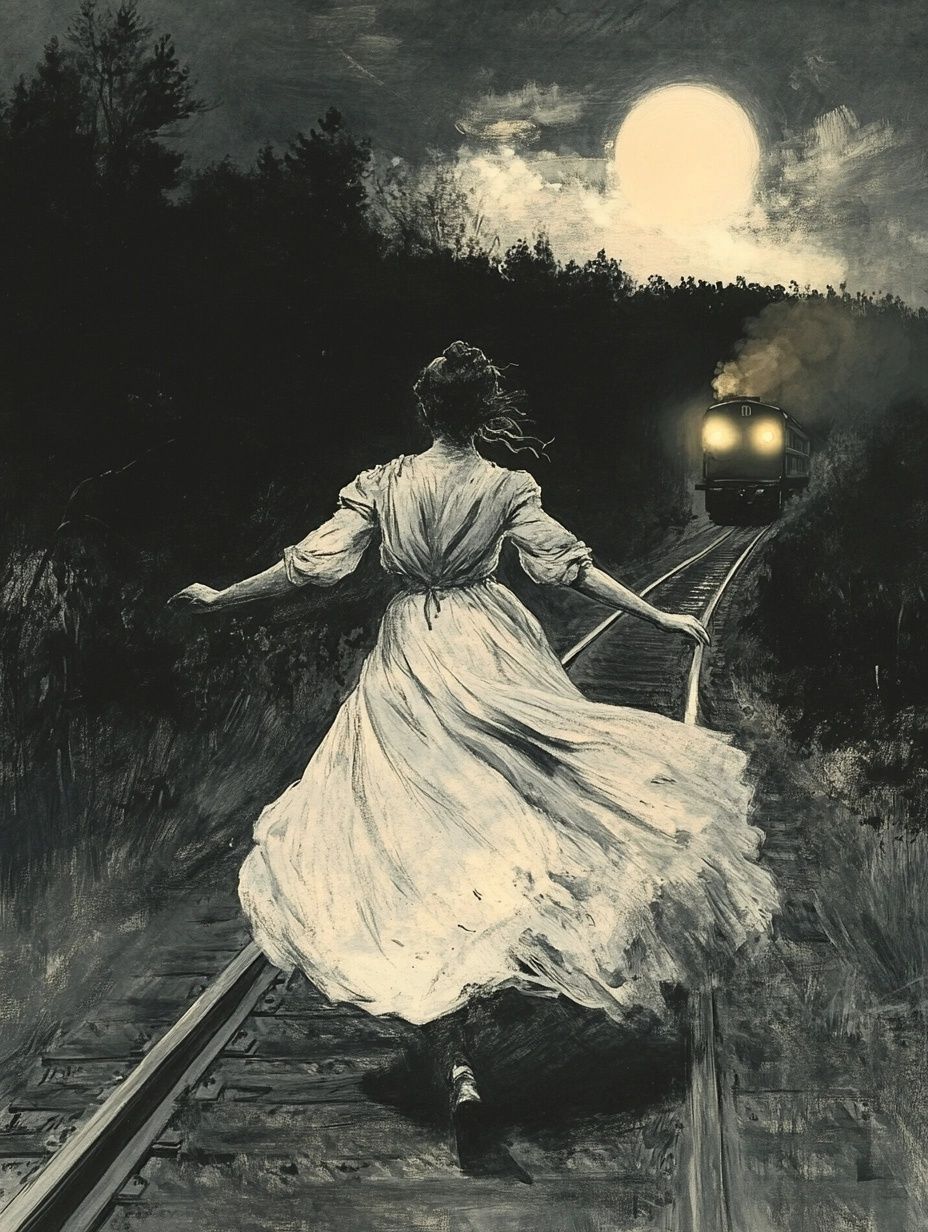 woman in white dress runs along train track towards train with yellow headlights