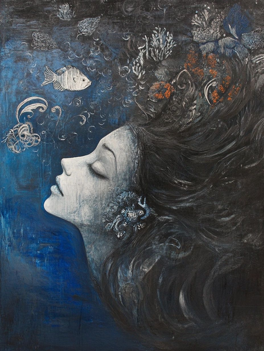 drawing woman under the sea, brown wavy hair, fish, coral