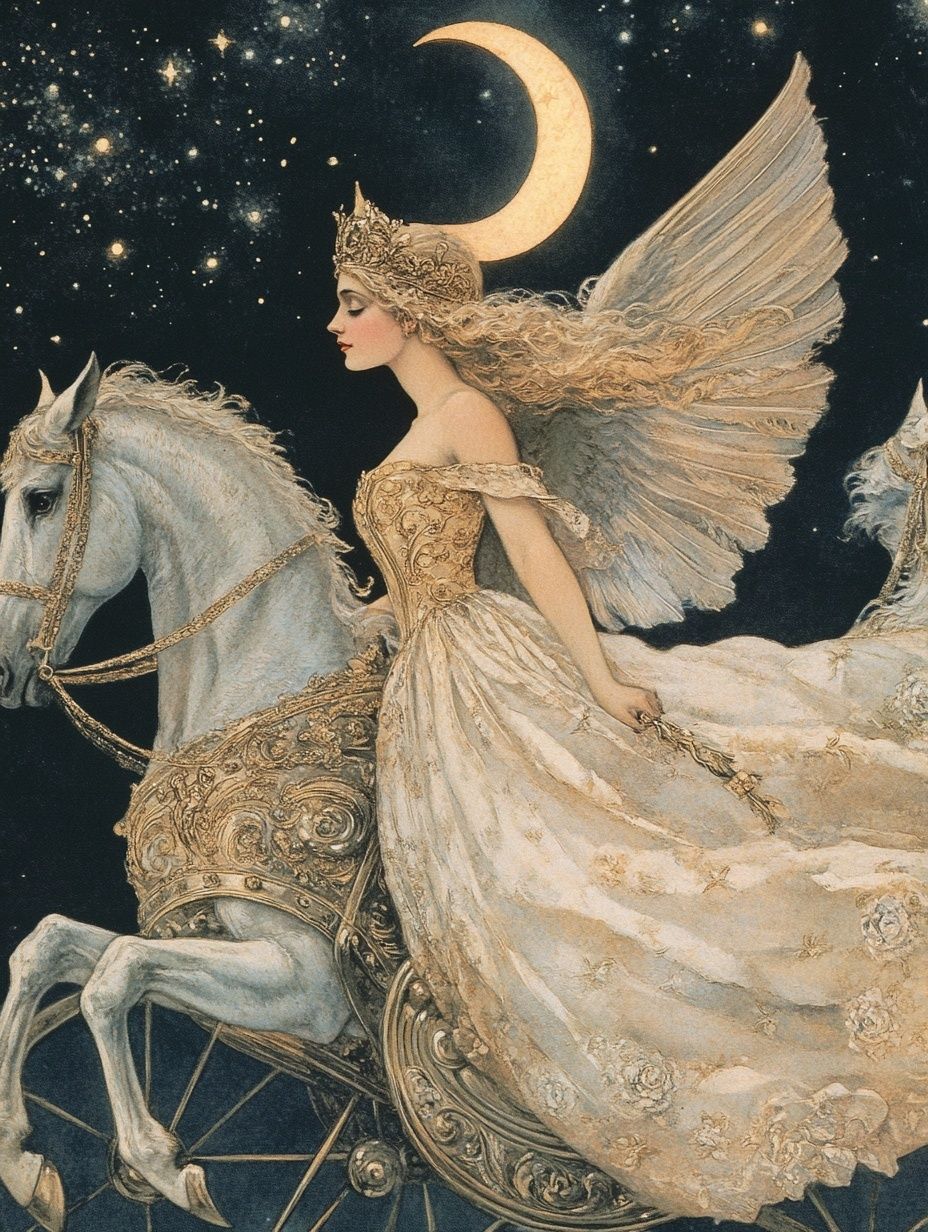 moon goddess riding a chariot under crescent moon