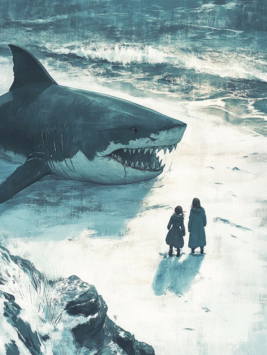 large shark on an arctic beach in front of a mother and daughter
