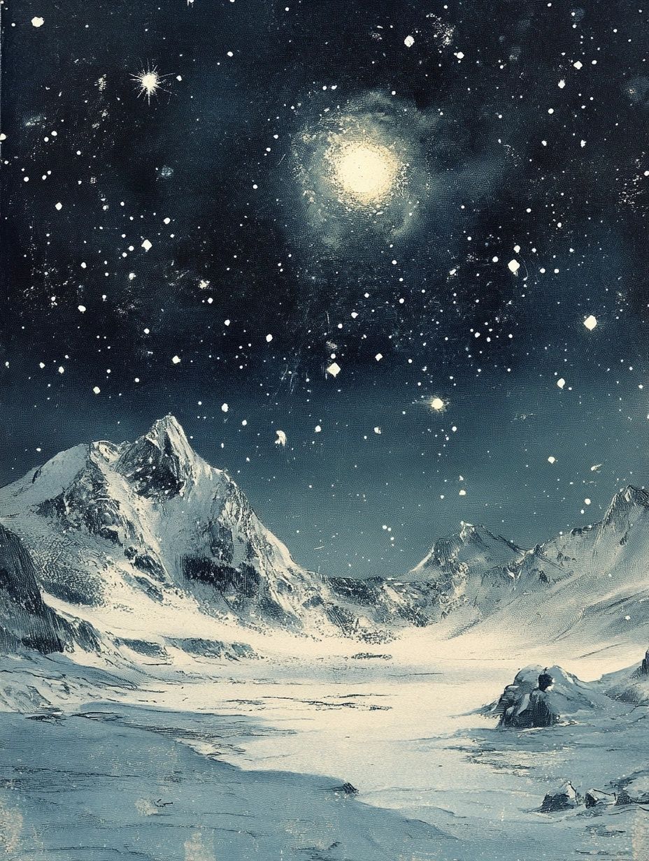 arctic ice and mountains, starry night sky