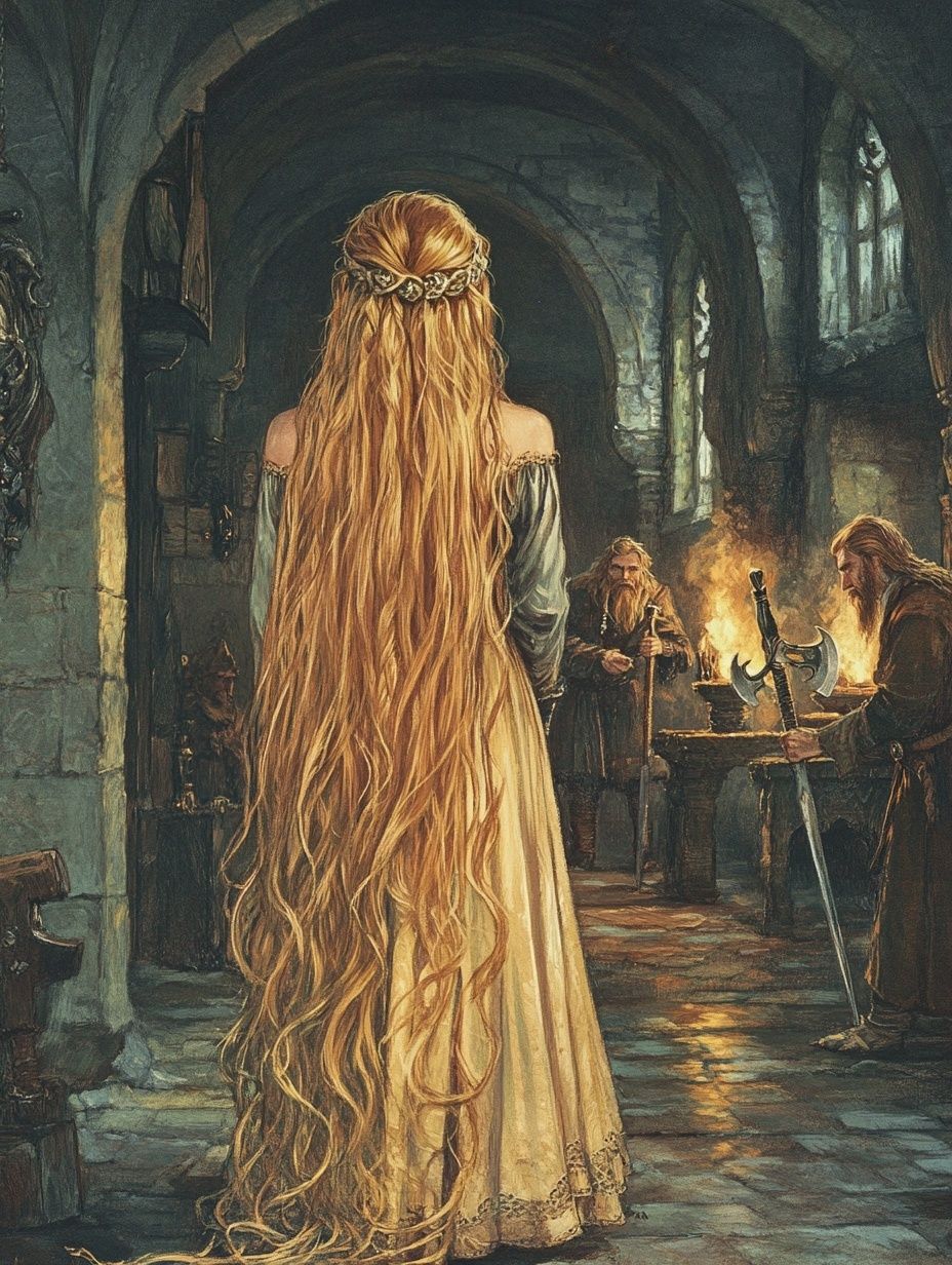goddess very long blonde hair, norse men in background 