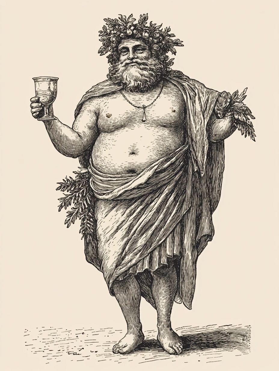 portly greek god holding wine, wearing toga