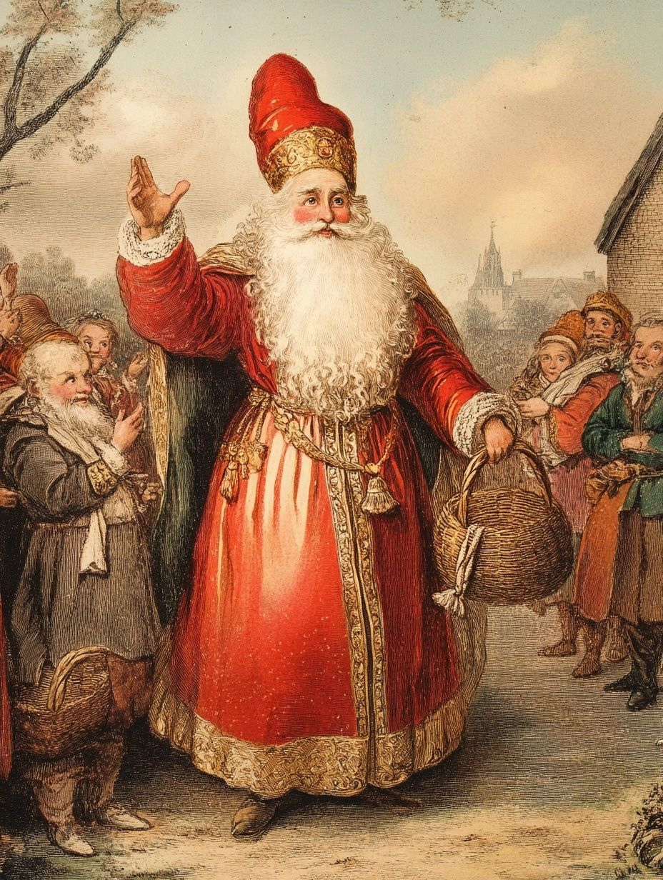 old man with white beard dressed as bishop, waving to crowd, vintage illustration