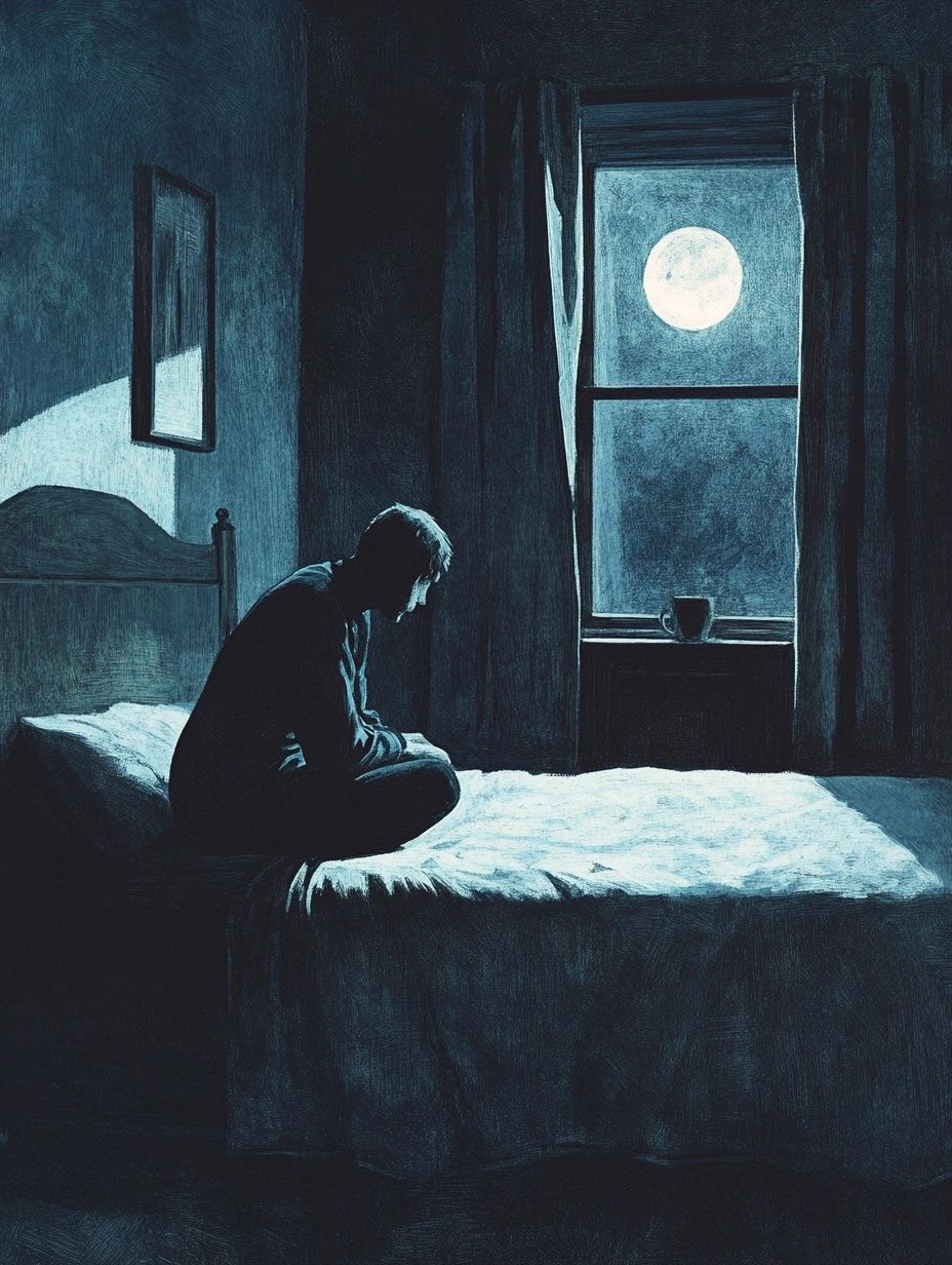 a sombre figure sits on a bed in the dark, moonlight comes through window