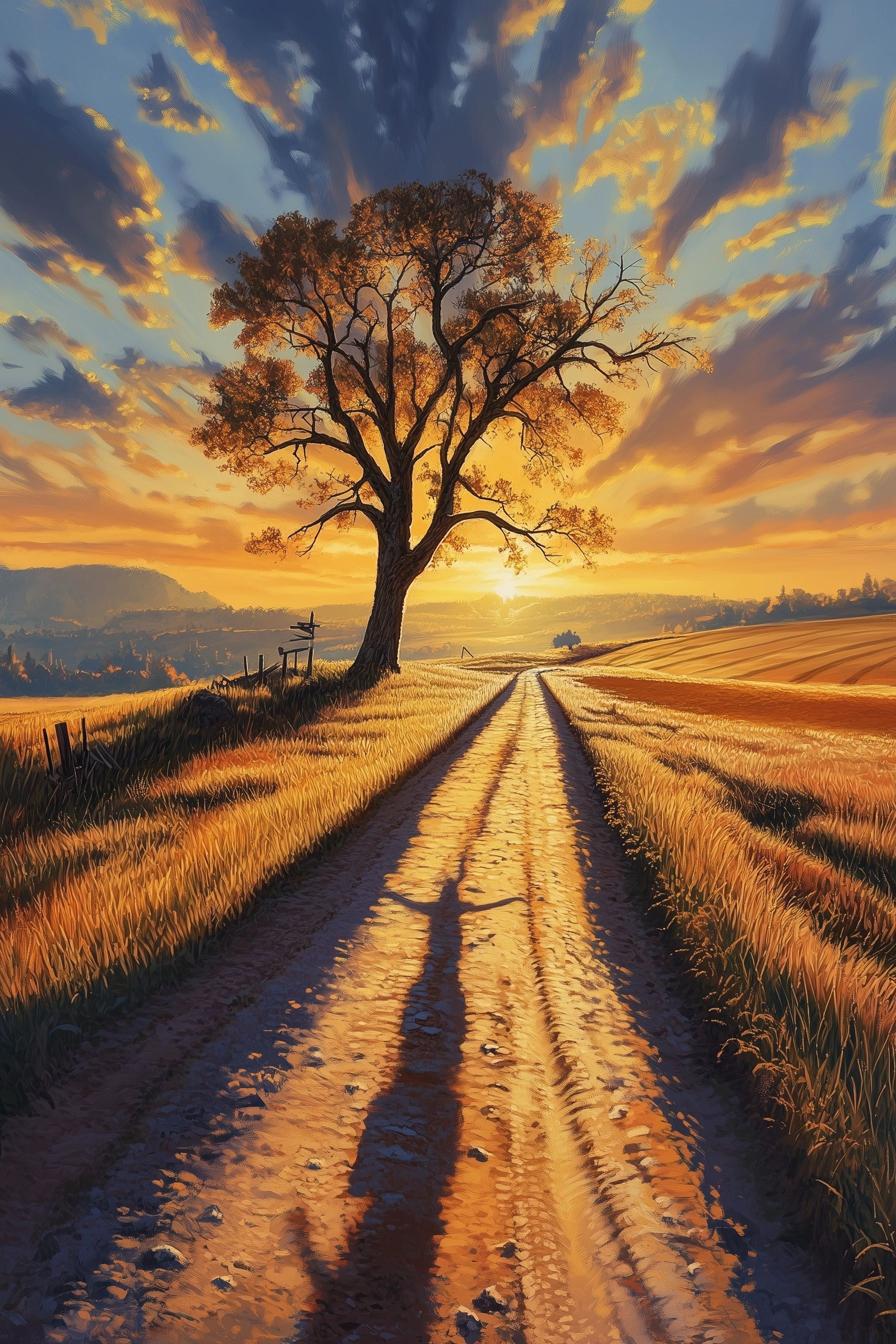 dirt road at sunset, a figure casts a long shadow, dry grass fields, large tree autumn leaves, sleepy john the fiddler, tennessee folklore