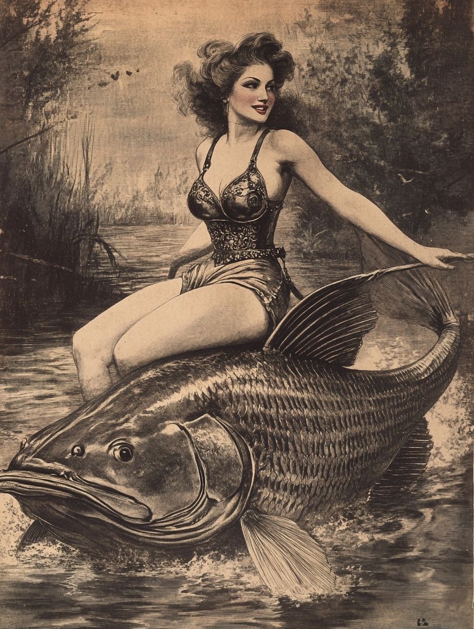 woman in silver bustier riding giant catfish in river
