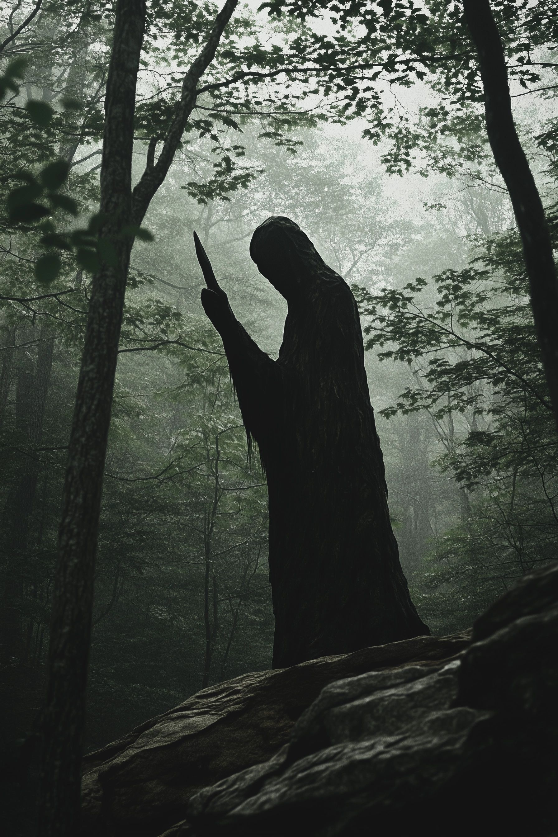 A dark, misty forest in the Smoky Mountains, a sharp, stone-like humanoid figure between the trees, she has an elongated, sharp finger, tennessee folklore