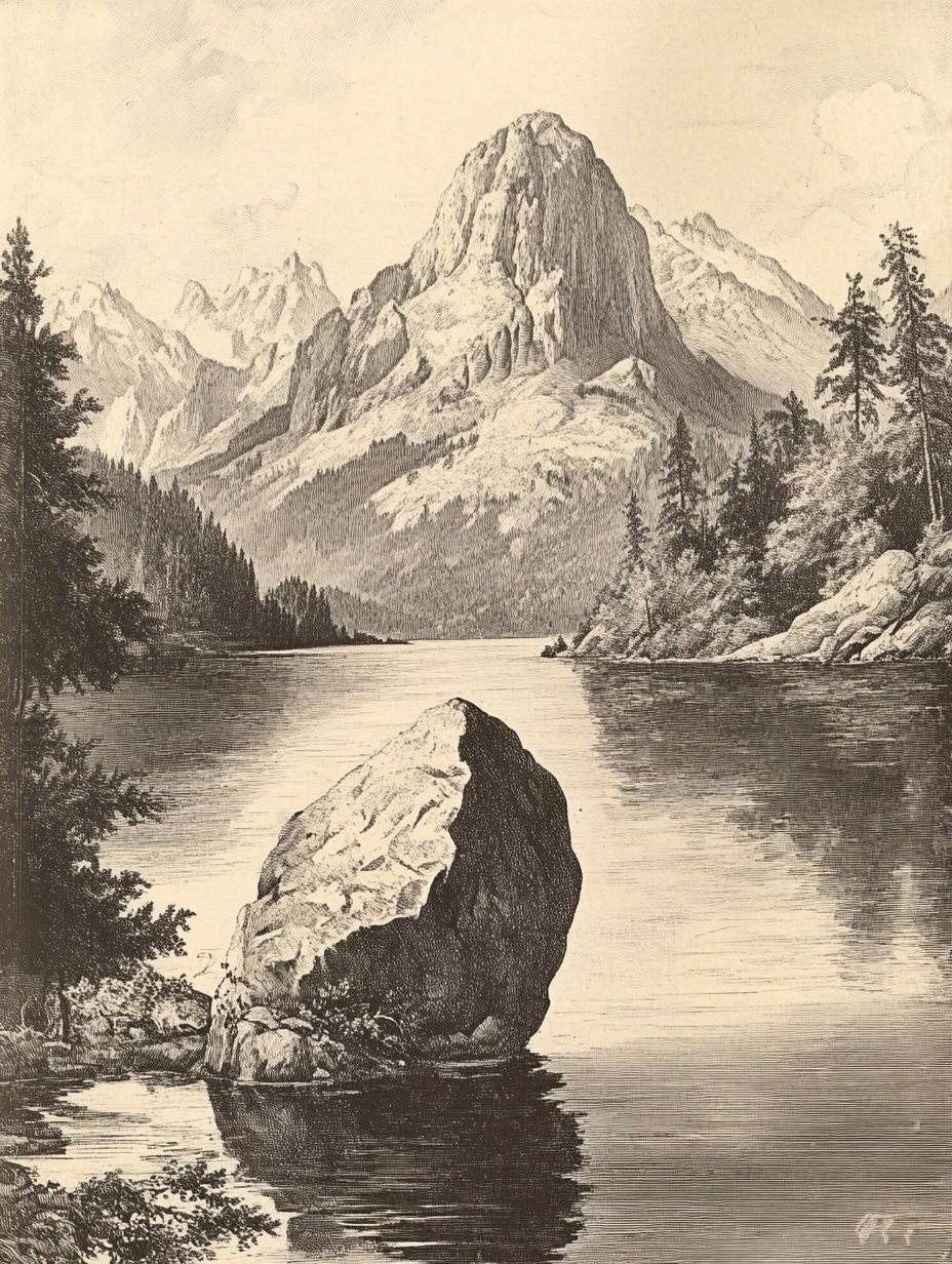 vintage illustration lake and mountains