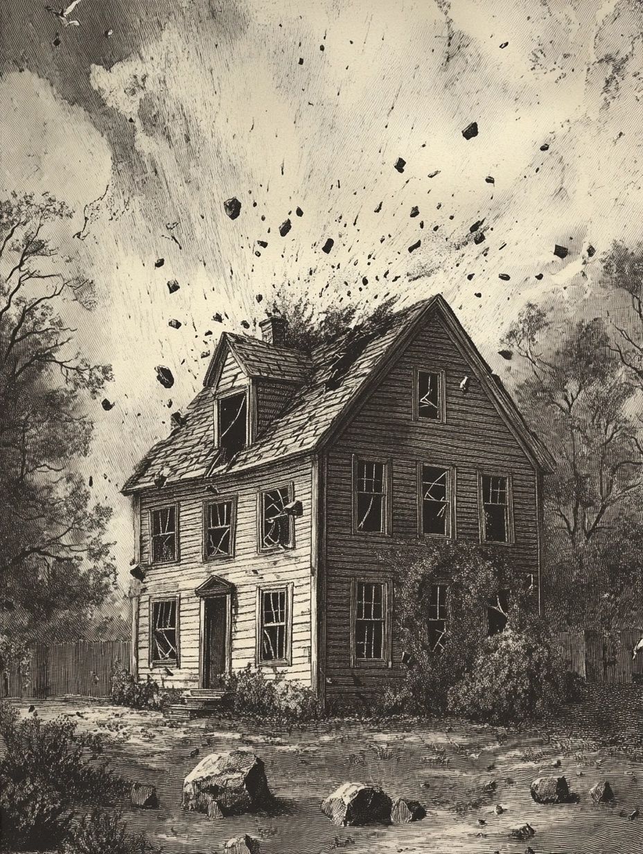 old colonial house being battered by large stones, broken windows