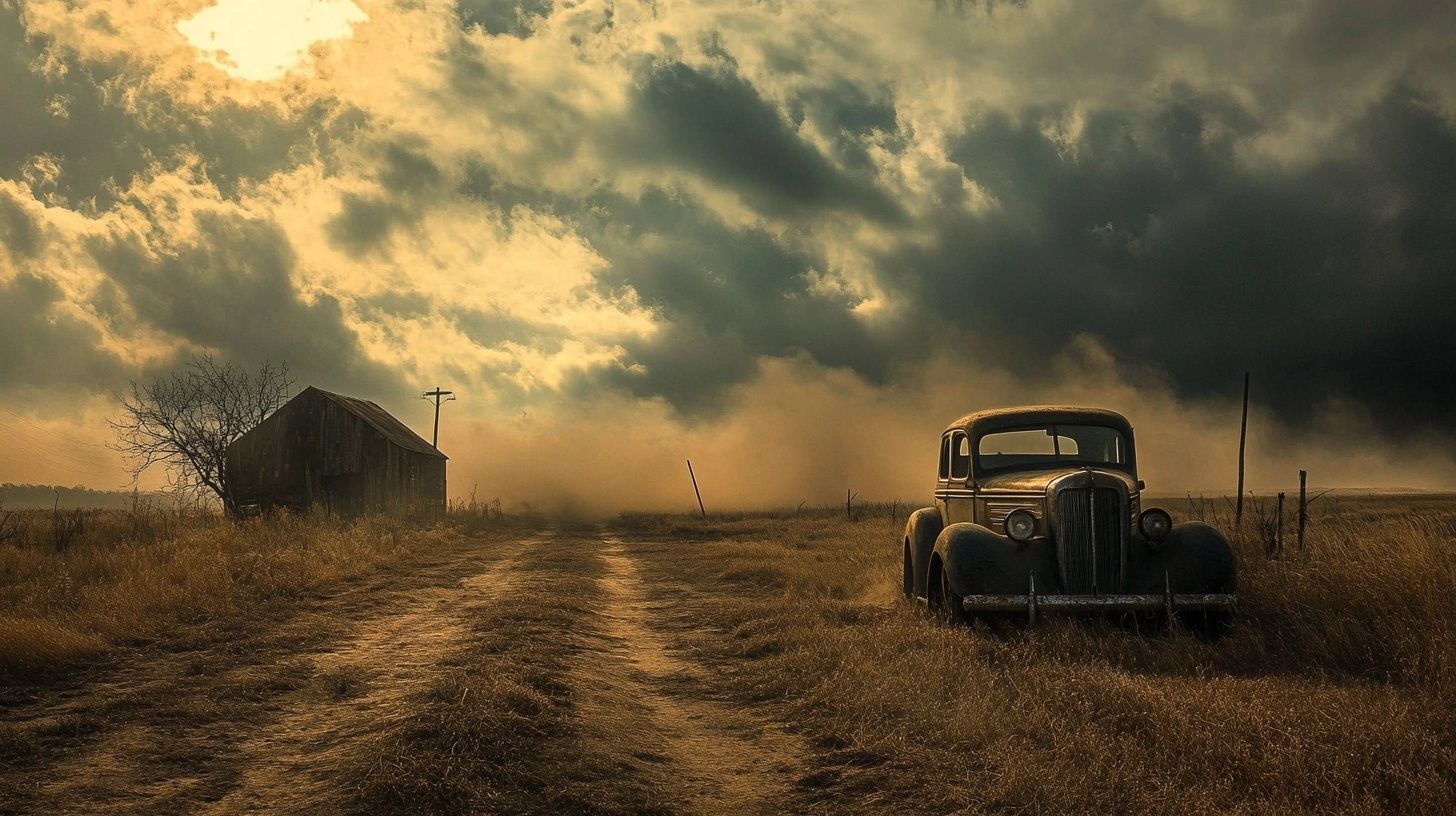 1930s dust bowl scene, abandoned car, abandoned wood building, setting sun, cloudy sky, dusty road