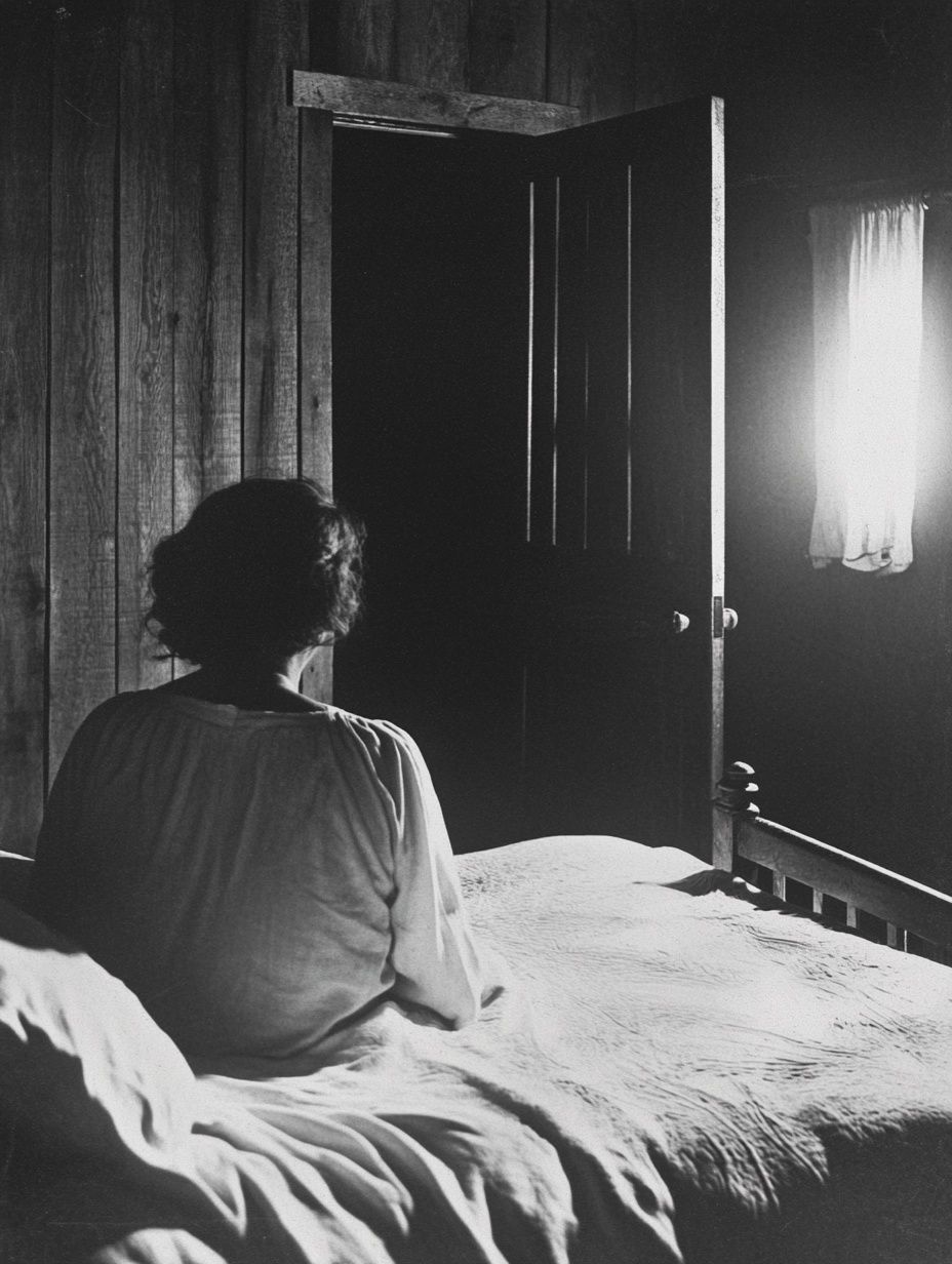 black white photo woman sits up in bed, looking at open door