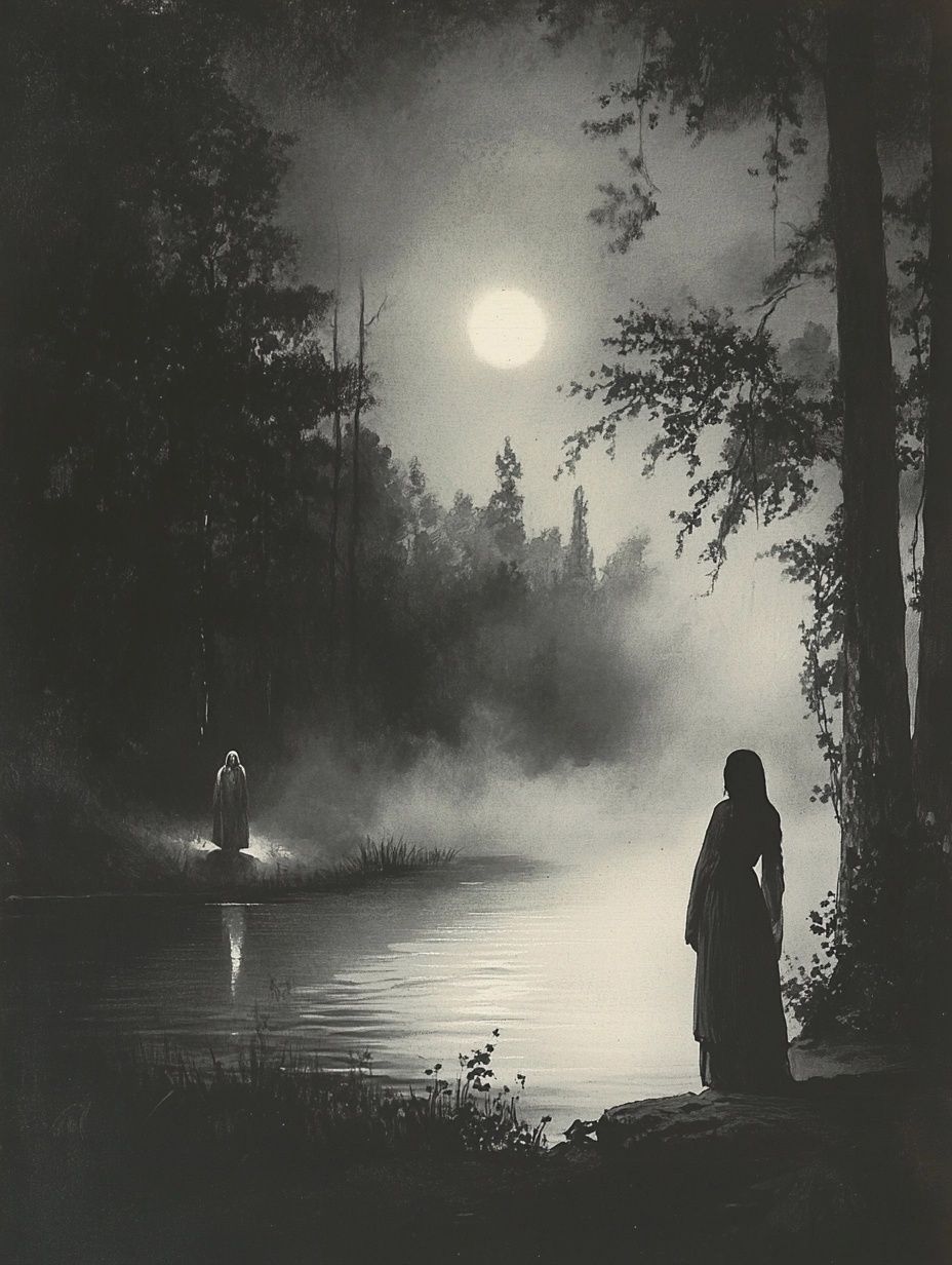shadowy figure woman standing by stream, moonlight reflection, ghostly figure in distance, black white vintage illustration