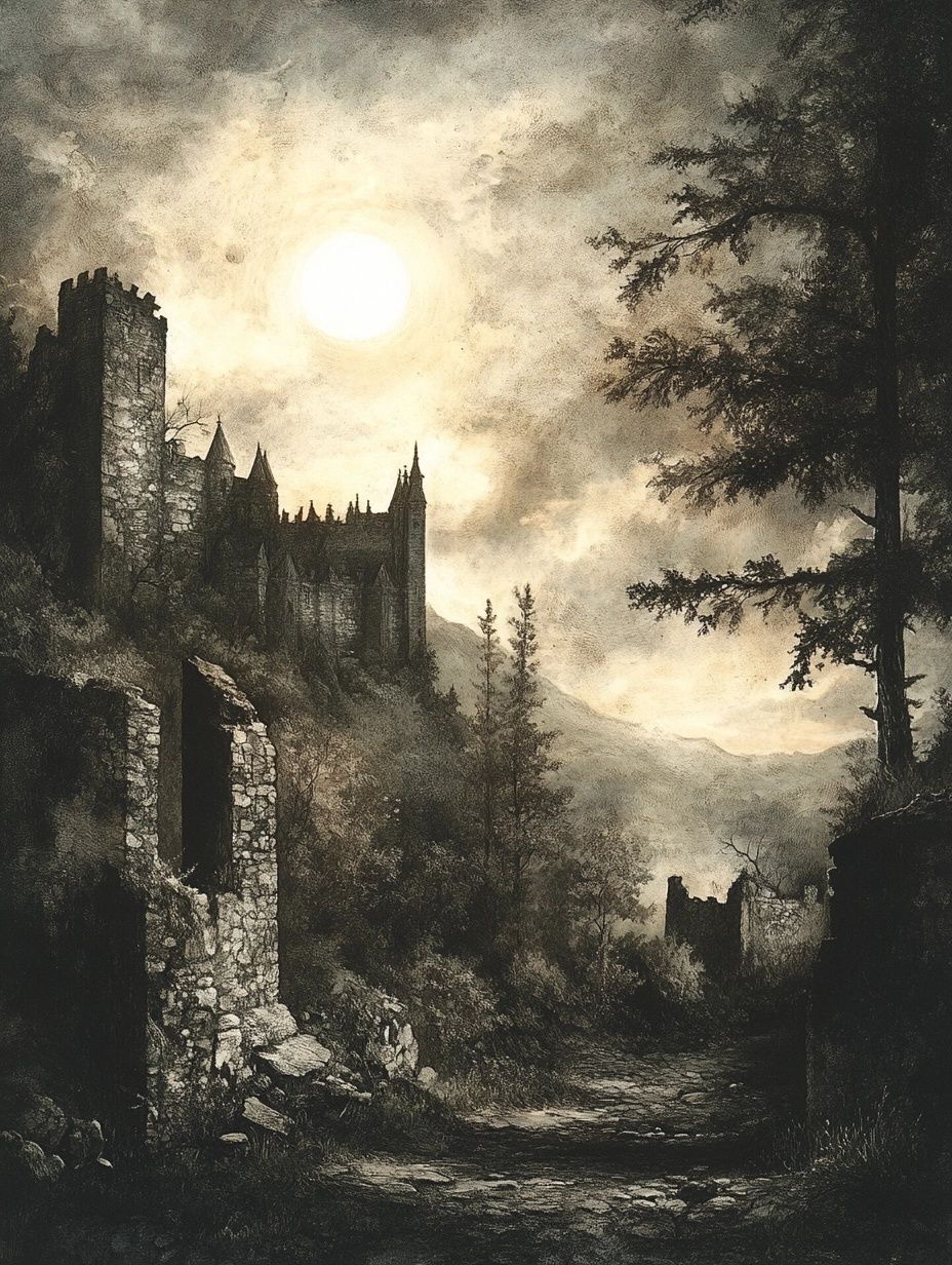 ghostly castle and misty sky, moonlight