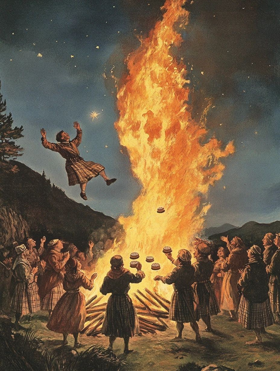 group of people gathered round a hug fire, people toss cakes, man jumping up through the sky