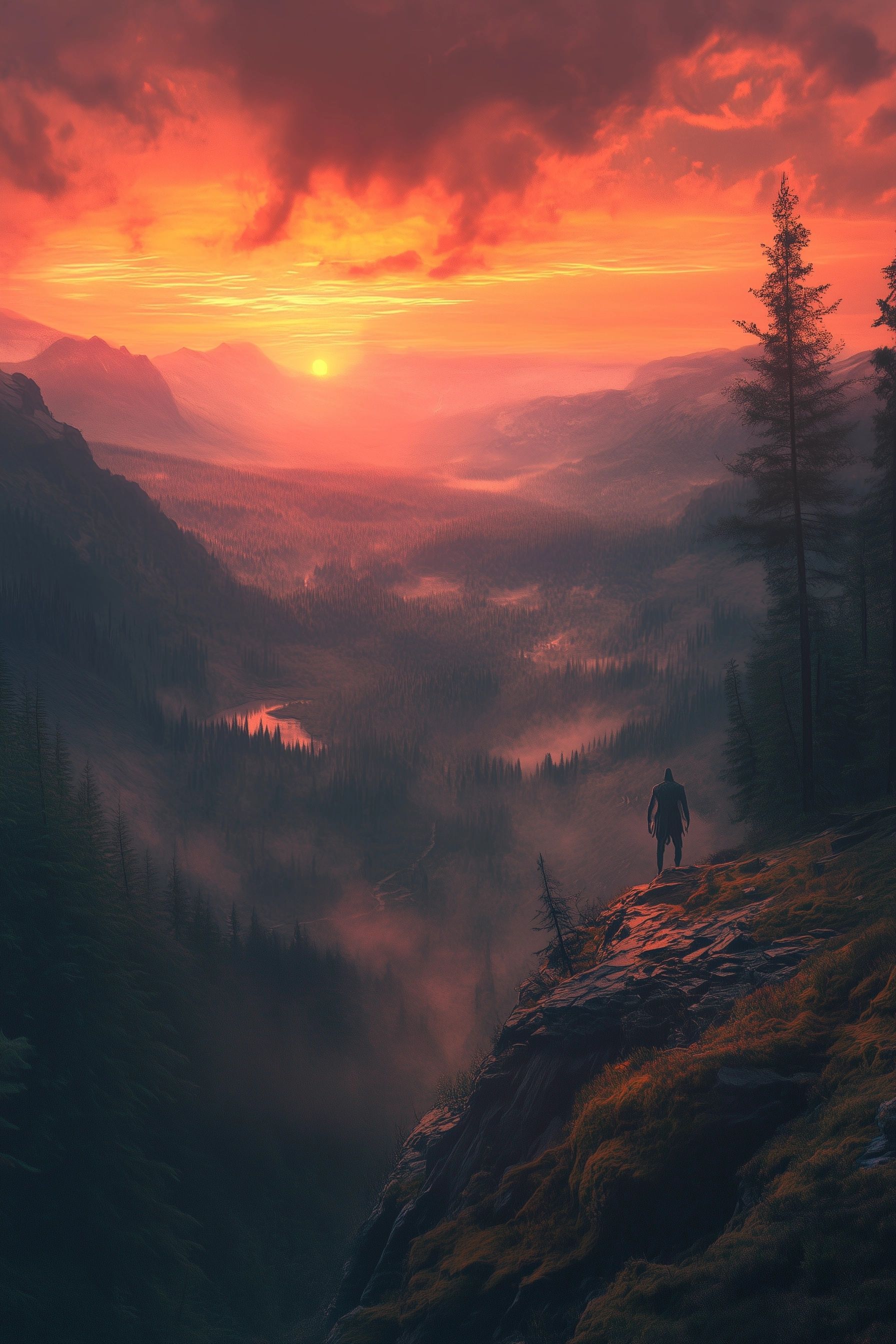A vast ridge at sunset, vivid red orange sky, giant figure standing tall against the horizon, sprawling forests and valleys below, giant of taylor's ridge tennessee folklore