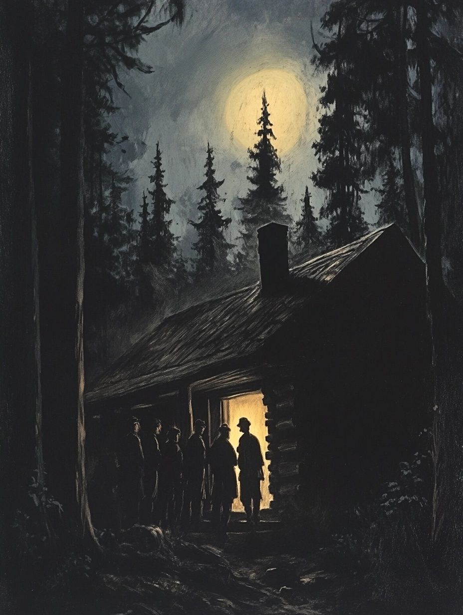 shadowy figures stand outside a cabin at night, light is on inside door