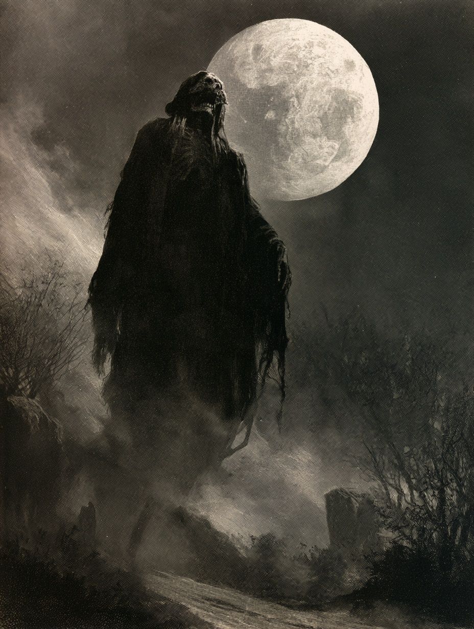 terrifying floating ghostly spirit in dark ragged robes under moonlight