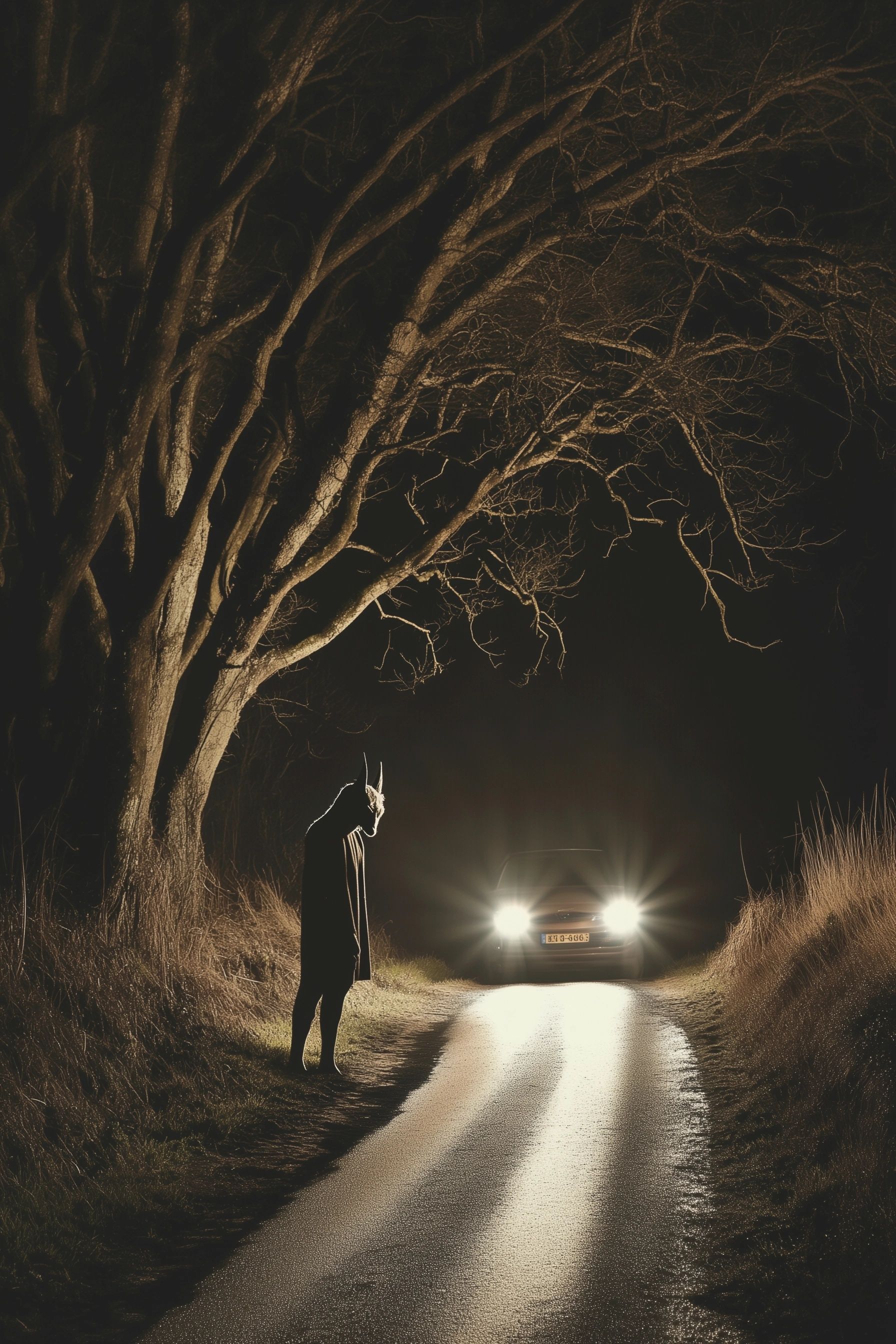 narrow, rural road at night, eerie, dimly lit surroundings, A small, ghostly figure with the head of a goat stands alone by the side of the road, car with full headlights behind, twisted trees loom overhead, the grunch louisiana folklore