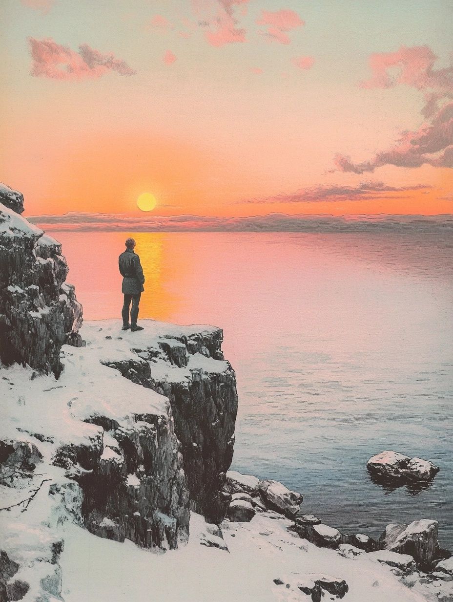 a man stands on a snowy cliff looking over the sea at the warm sunrise