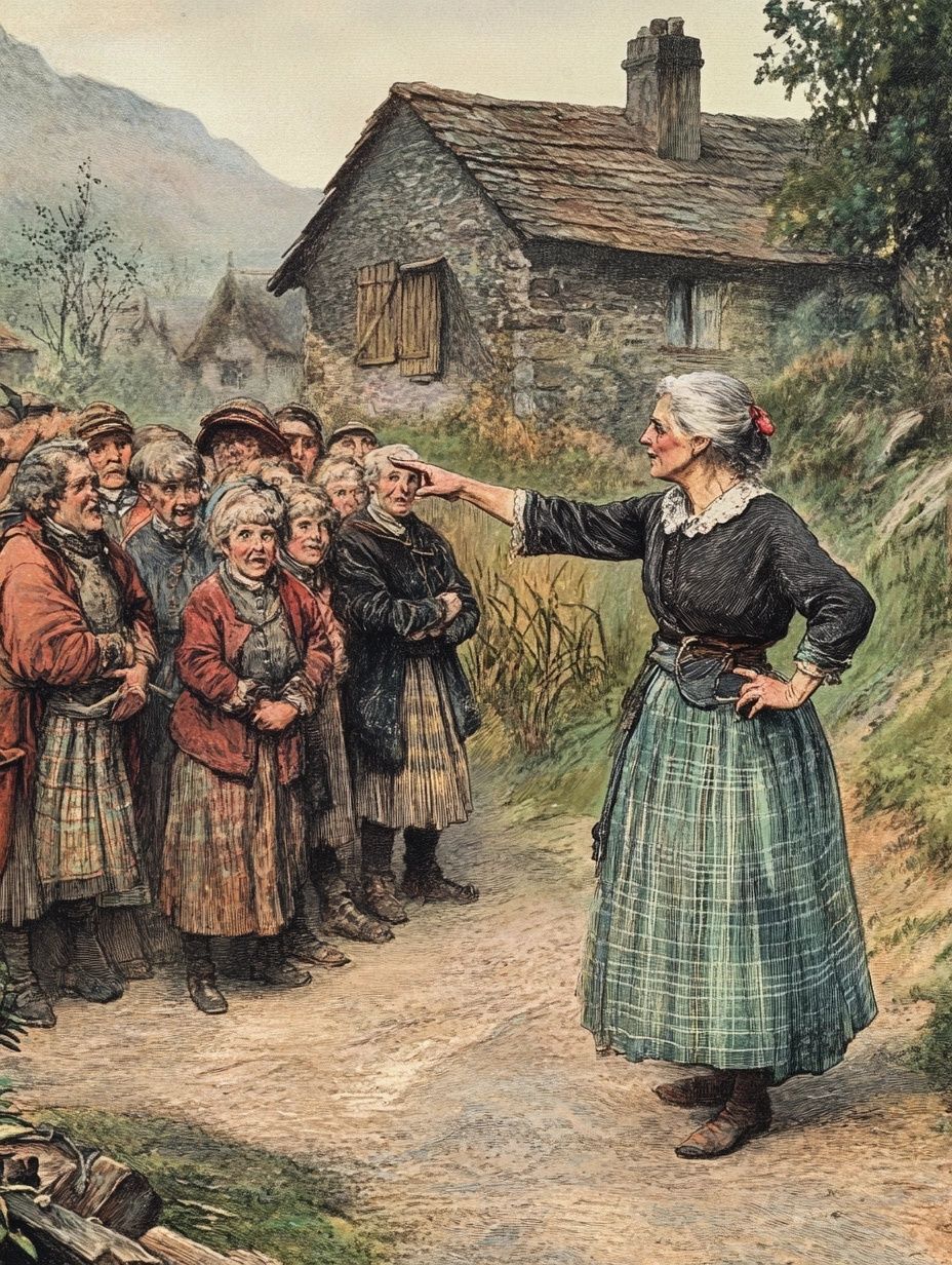 old scottish woman points at a group of villagers