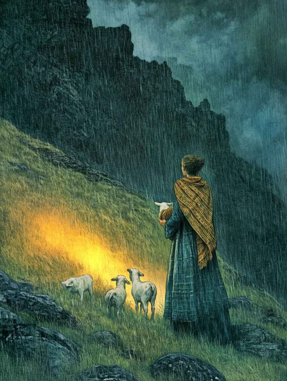 a woman stands on a rainy mountain side, sheep stand just in front of a glowing patch of grass