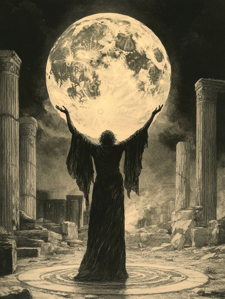 Ancient Greek witch under full moon