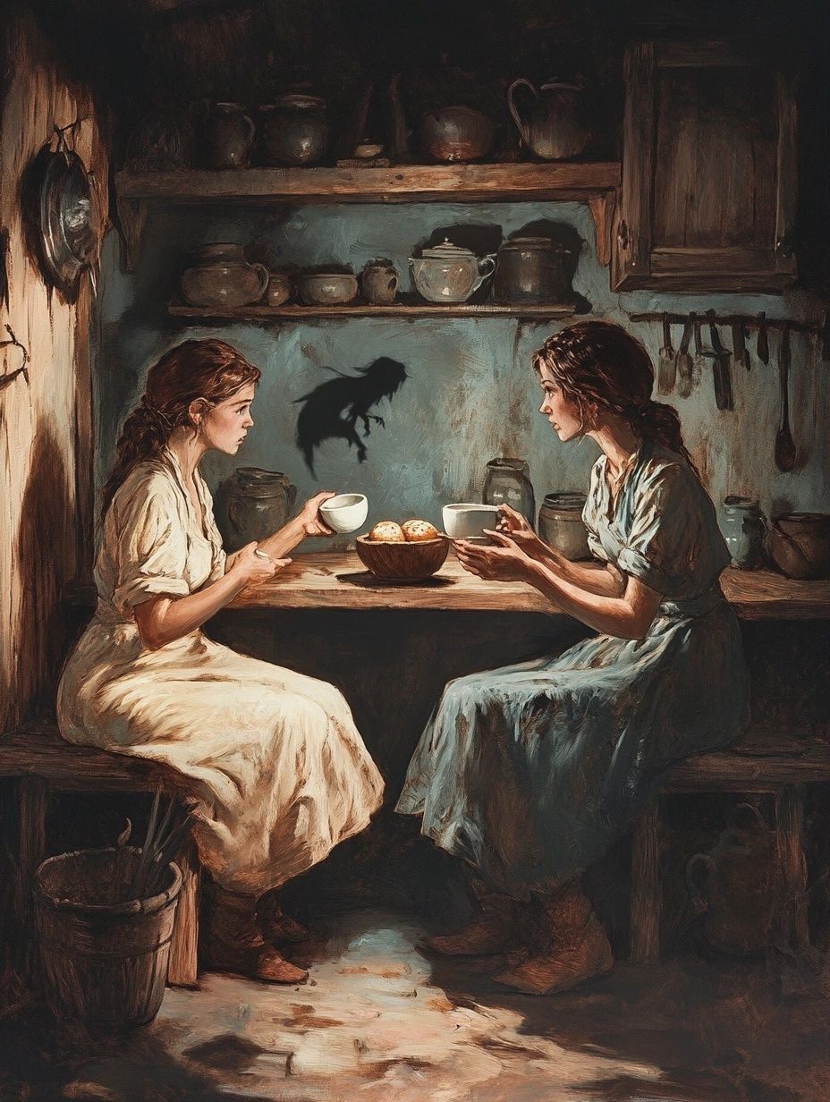 two young women gossip while drinking tea, old scotland