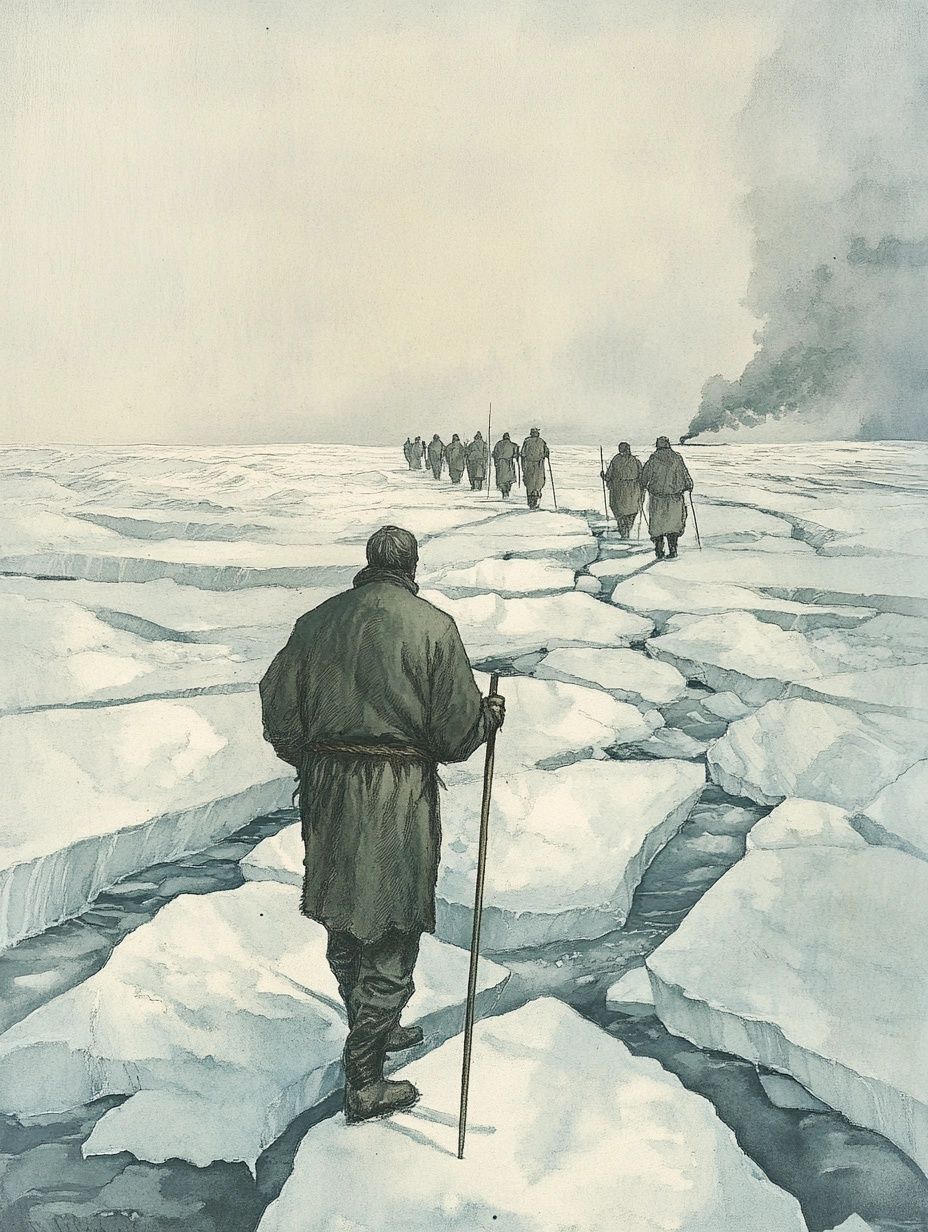 group of men navigate broken ice field