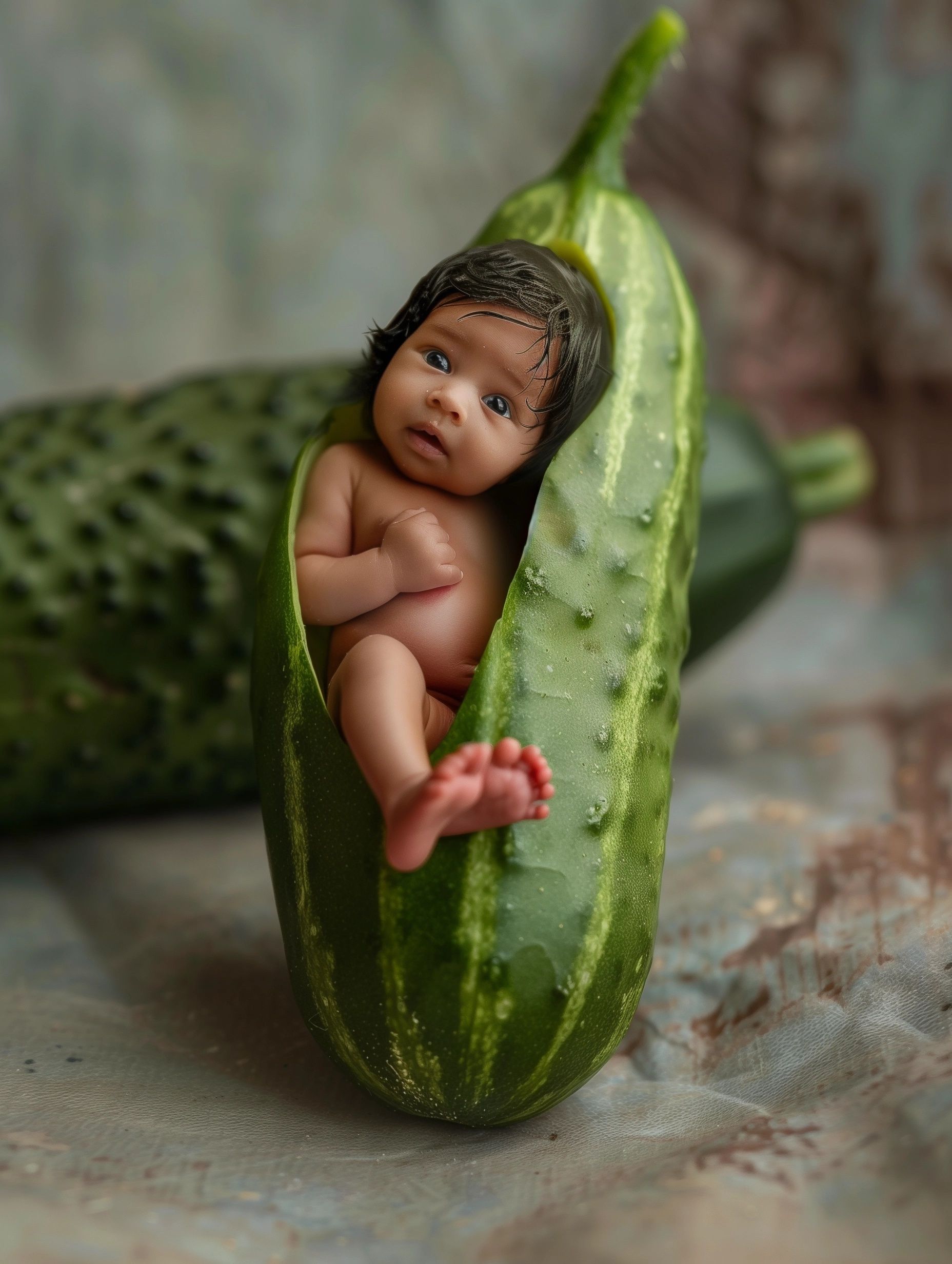 a tiny indonesian baby sits in a cucumber, legend of timun mas