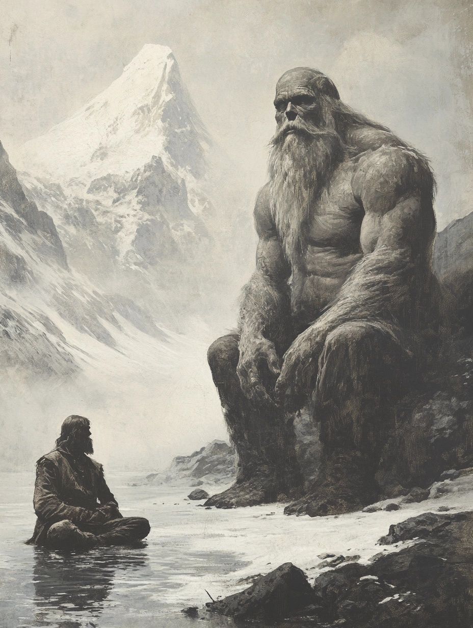 greenland folklore giant sitting on a rock next to a regular sized man