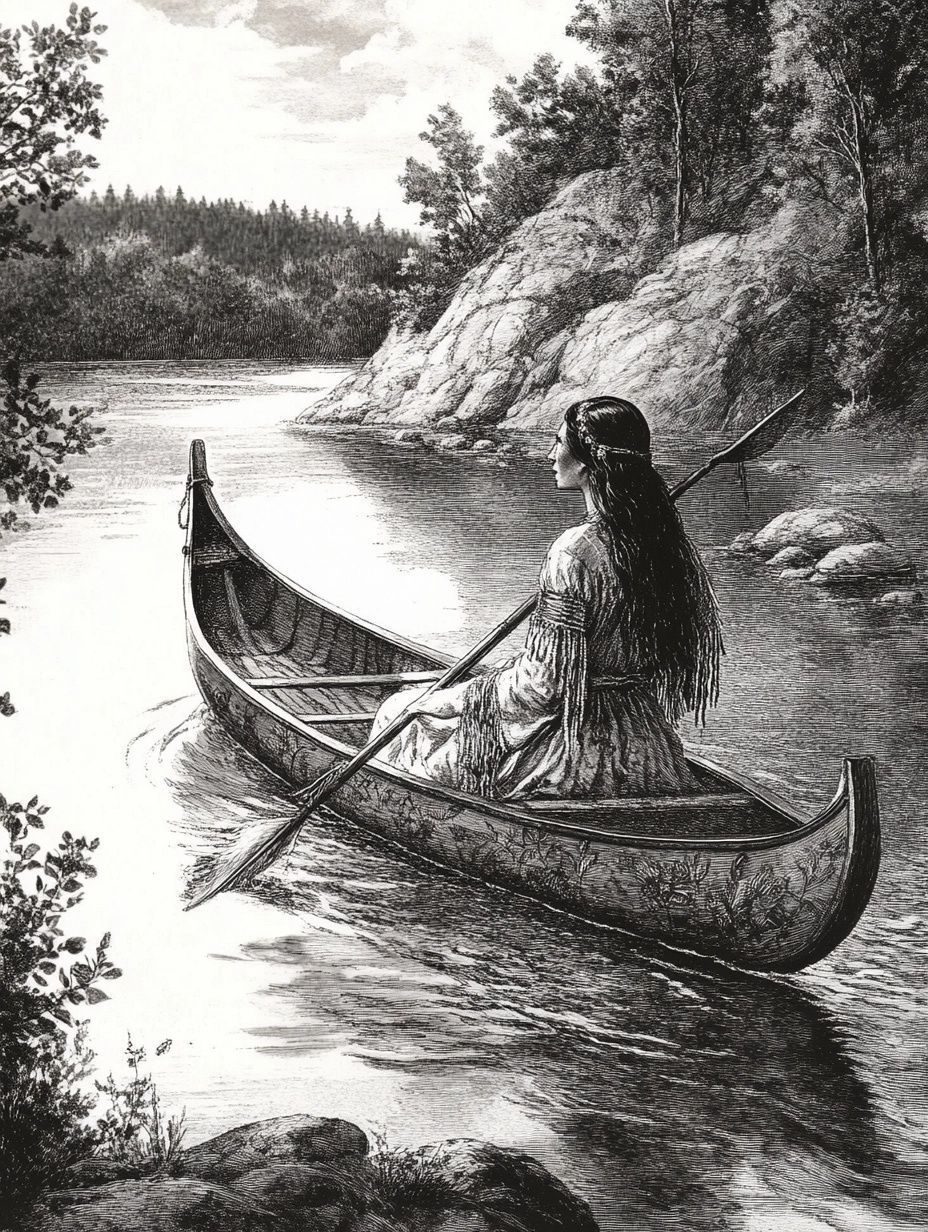 indigenous north american woman paddling in a canoe, vintage illustration